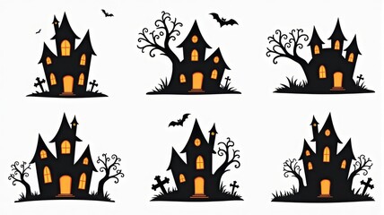 Halloween Haunted House Illustrations with Bats and Trees - Perfect for Spooky Decorations and Crafts
