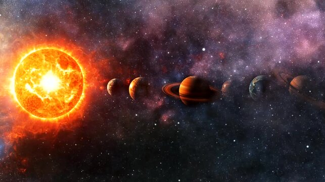 Seamless looping 4k time lapse animation video background. Solar system with planets aligned and glowing sun in space. Astronomy visualization concept