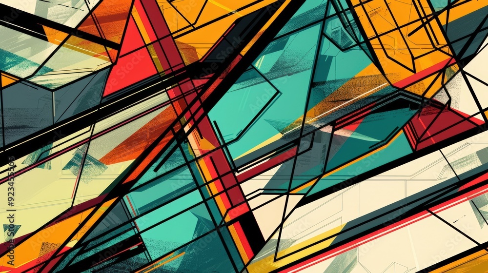 Poster an abstract line pattern with overlapping, angular lines forming a series of geometric shapes