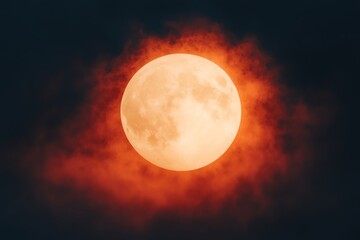 Obraz premium A captivating full moon glowing brightly through dark, colorful clouds, creating a mystical night sky scene.