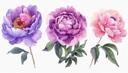 Three blooming peonies in purple and pink, with green leaves on a white background