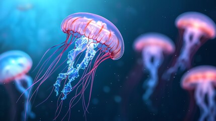 Fototapeta premium A vibrant underwater scene featuring glowing jellyfish gracefully swimming in clear blue water, creating a mesmerizing display.