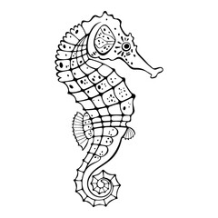 Seahorse. Outline vector illustration on white background. Side view of black seahorse. Great for logos, cards, banners, posters, cards, menu decoration,  printing and textiles.