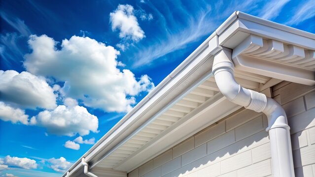Clean white gutter system with securely attached downspout extension, leaves and debris cleared, against a bright blue sky with fluffy white clouds.