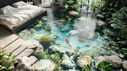 The bedroom floor has a river background with rocks and plants and very clear water and there are big and beautiful fish