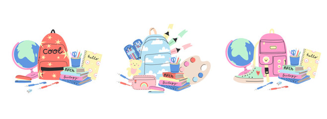 Obraz premium School supplies. Cute stationery. Backpack, pen and pencil. Study books. Stapler and glue. Adhesive tape and paper notes. Scissors or highlighter marker. Education vector cute cartoon illustration