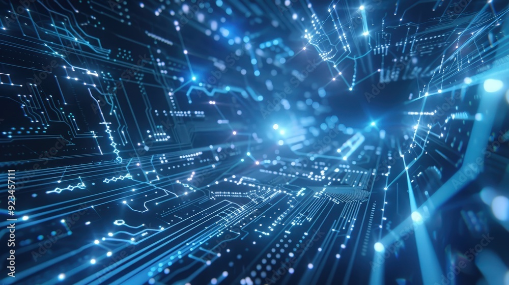 Poster an abstract technology background with a futuristic theme, featuring a mesh of glowing blue and silv