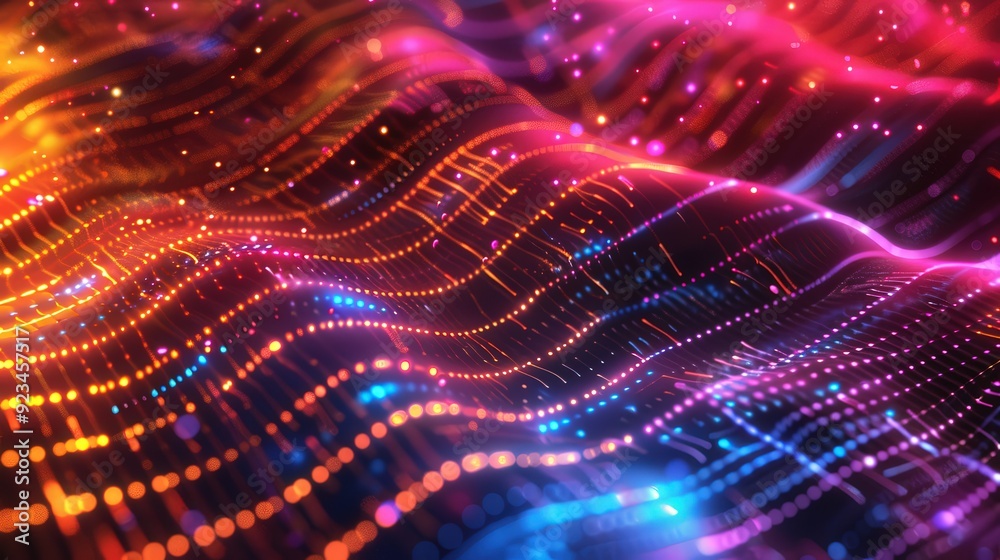 Poster an abstract technology background with a pattern of digital waves and glowing lines.