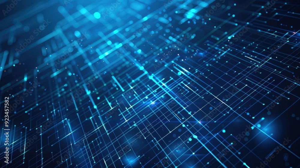 Poster an abstract technology background with a series of intersecting digital grids and glowing vector lin