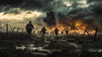 World War I Soldiers Marching Through Battlefield With Smoke and Fire in the Background.