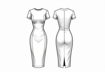 Women's Basic Wardrobe Essential: Sheath Dress Flat Sketch, Vector Template