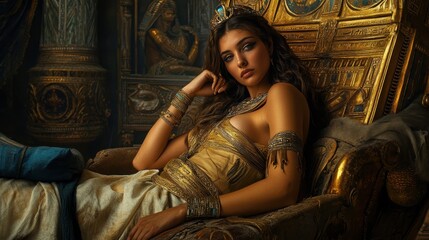 Beautiful Woman Dressed as an Egyptian Queen on a Golden Throne.