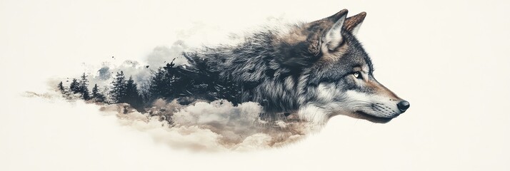 A wolf's head is blended with a forest landscape, symbolizing nature, wildness, freedom, strength, and unity.