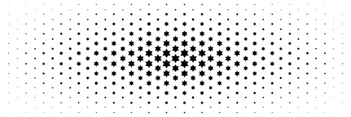 horizontal halftone of black six angles star spread from center for pattern and background.
