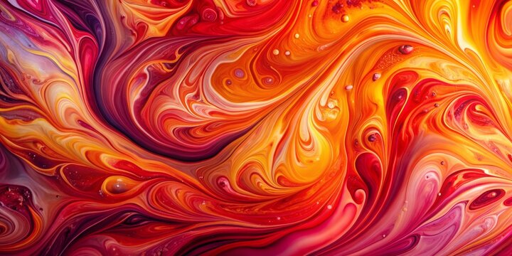Vibrant orange, pink, and red abstract fluid art background with swirling liquid acrylic paint efects and dynamic splashes, perfect for interior design posters and decorative prints.