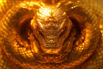 Golden naga snake staring intensely, coiled up in gold, representing fortune and spirituality