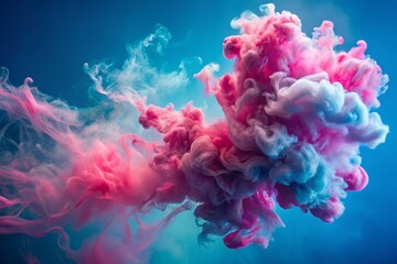 Fototapeta premium Vibrant pink smoke wisps dance across a brilliant blue background, evoking whispers of ethereal whimsy, as if cotton candy clouds had burst into tantalizing, sugary fragments.