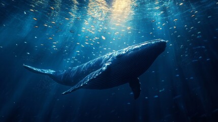 A majestic whale swims gracefully through the deep blue ocean. Sunlight filters down, creating a magical shimmering effect. This ethereal underwater scene captivates the viewer. AI