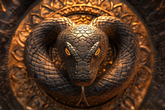  naga snake staring intensely with golden eyes in an ancient temple