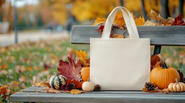 Tote bag mockup with autumn decor on park bench