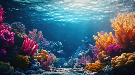 Underwater view of a vibrant sea coral reef teeming with marine life. Ocean ecosystem