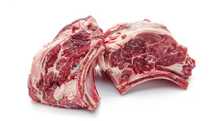 Fototapeta premium Two lamb chops shoulders, each cut in half and marbled with fat on a white isolated transparent background. Food photography.