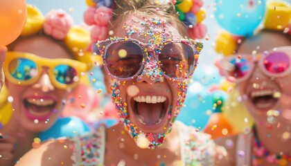 Three friends celebrate with colorful confetti and balloons at a vibrant summer festival