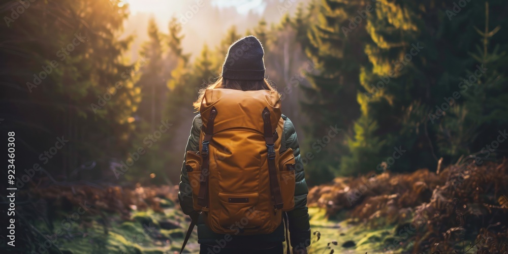 Poster a lone hiker with a large backpack walks through a scenic forest trail, bathed in the warm glow of s