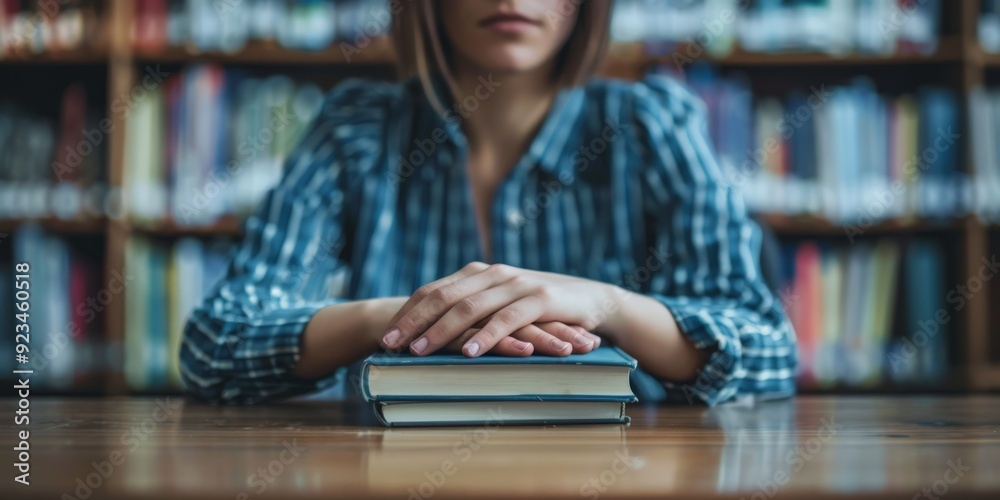 Poster a woman sits in a library with her hands resting on a stack of books, embodying the pursuit of knowl