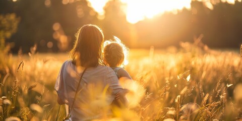 A mother holds her child with warmth and care in a sunlit field during the golden hour, capturing a heartwarming essence of love, connection, and familial bond.