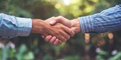 Close-up of a handshake between two men wearing long-sleeved shirts, symbolizing an agreement, partnership, or mutual understanding, with a blurred green background.