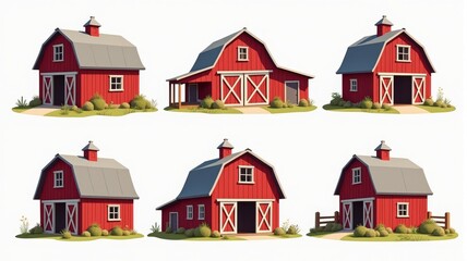 Collection of Red Barn Illustrations in Different Designs for Farm and Agricultural Themes