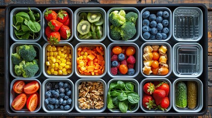 Naklejka premium children packed lunch box with balanced diet food,bottle of water on wooden table top view flat lay.
