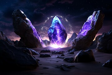Obraz premium An alien landscape with towering crystal formations and strange, floating rocks, with a mysterious energy field connecting them