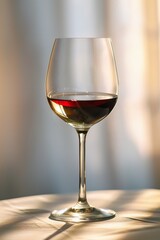 An elegant wine glass, half filled with red wine, stands on a table bathed in soft light, capturing the sophistication and timeless beauty of enjoying fine wine.