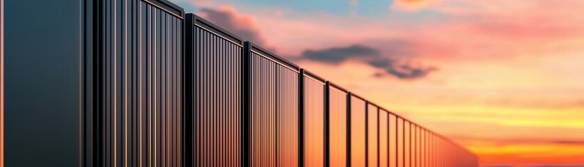 Fototapeta premium A vibrant sunset reflects on metallic containers, creating a stunning visual of color and structure in an industrial setting.
