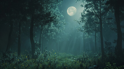 The image portrays a serene forest bathed in the soft glow of a full moon, with tall trees casting long shadows and a hint of fog adding to the mystical atmosphere.
