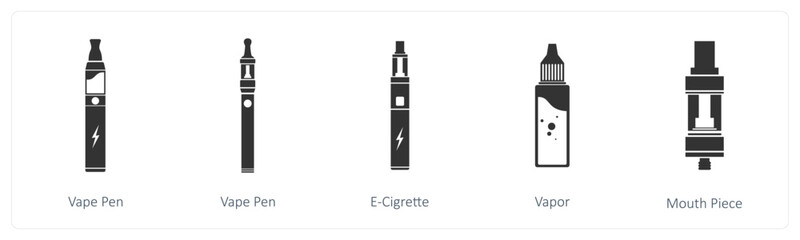 A set of 5 vaping icons as vape pen, e cigrarette, vapor
