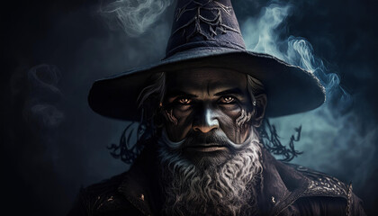 spooky man witch with tattoo and pointy hat with fug