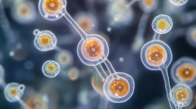 Fungal spores scattered under a microscope, with a focus on their unique shapes and sporeproducing structures, Microscope biology, mycology