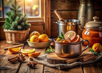 cozy winter morning citrus peel simmer pot rustic kitchen ambiance warm golden light earthy tones textures inviting atmosphere peaceful scene photography