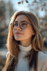 Obraz premium A girl wearing glasses and a white turtleneck sweater looks thoughtfully into the distance while standing outdoors, surrounded by the soft, warm light of autumn.