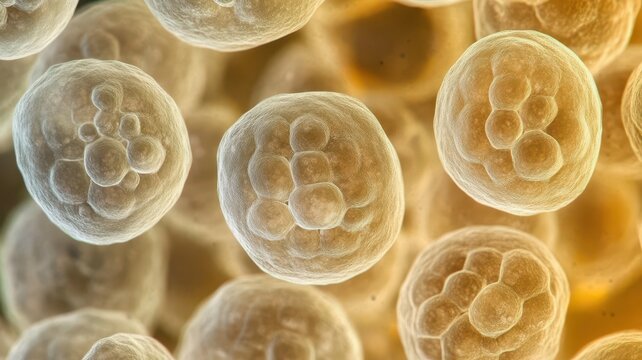 Microscopic view of fat cells, showcasing their rounded shapes and lipid storage, Microscope biology, adipose tissue