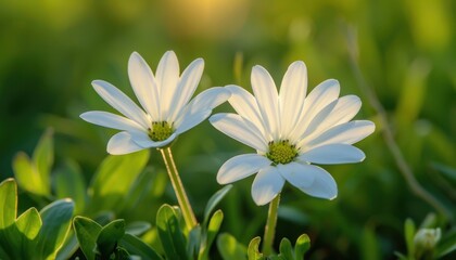 Two white daisies bloom among vibrant green grass in the morning sunlight