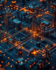 A 3D illustration of a global supply chain network with connected lines between factories, warehouses, and stores high detailed