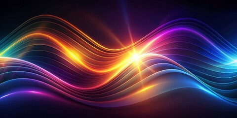 Obraz premium Mesmerizing dark abstract curve and wavy gradient background featuring radiant glowing waves in vibrant colors, perfect for futuristic and technological wallpaper designs.