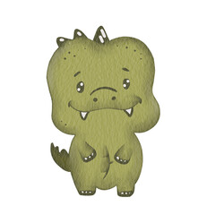 Cute cartoon dinosaur character standing happily on a white background