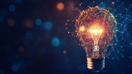 Electric light bulb bright polygonal connections on a dark blue background. Technology concept innovation artificial intelligence brainstorming business success