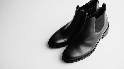 Two black Chelsea boots on a white background, showcasing the classic and timeless design. The smooth leather and elastic side panels create a sleek silhouette, while the minimalist aesthetic exudes s