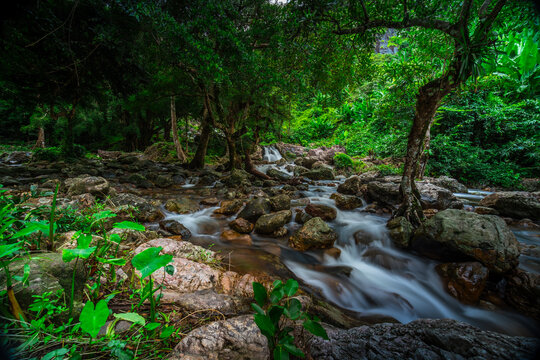 Beautiful natural Sarika waterfall with rocks in the foreground at Khao Yai National Park, Nakhon Nayok, Thailand